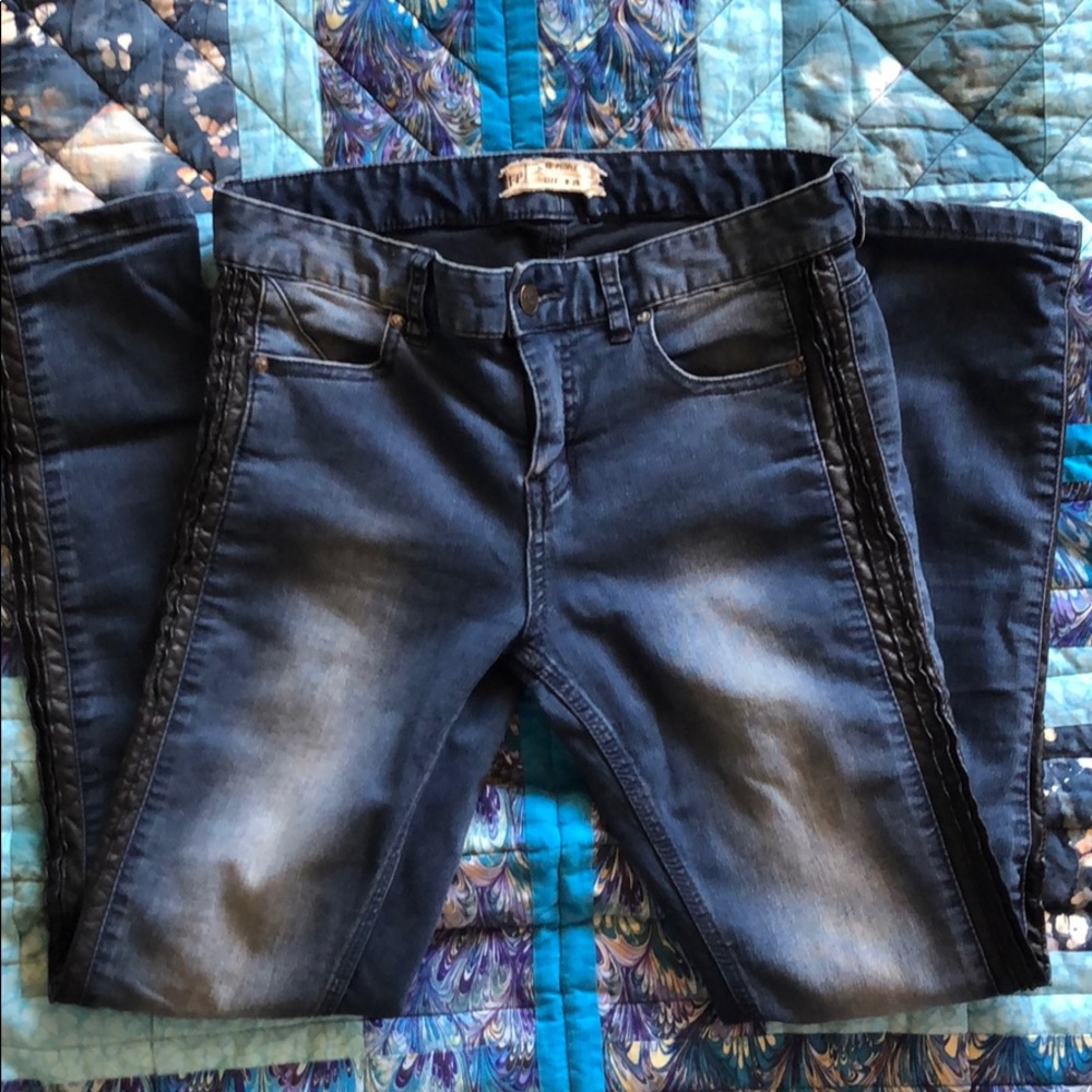 Free People Dark Wash Knee Fade Leather Pin Pant - Picture 2 of 8
